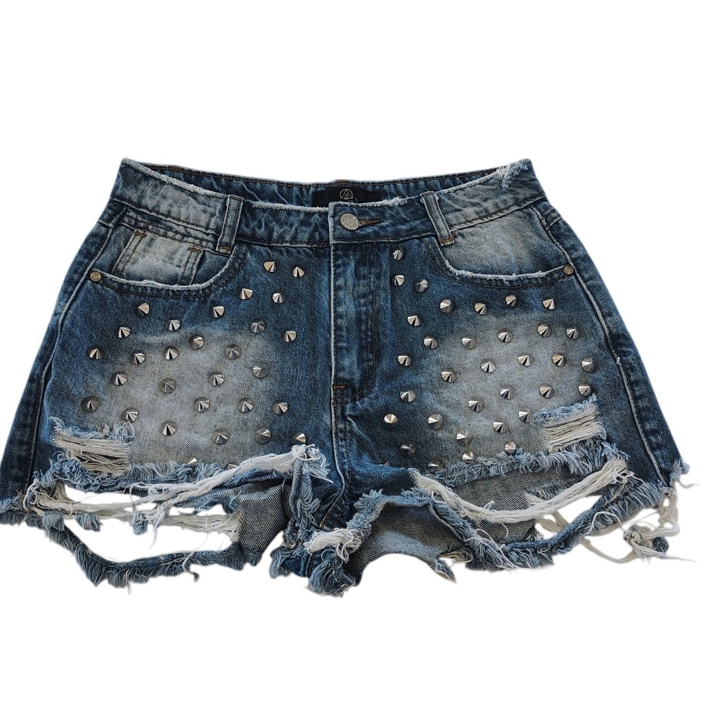 Missguided Women Blue Distressed Studded Denim Shorts High Rise Size 6 Punk Edgy